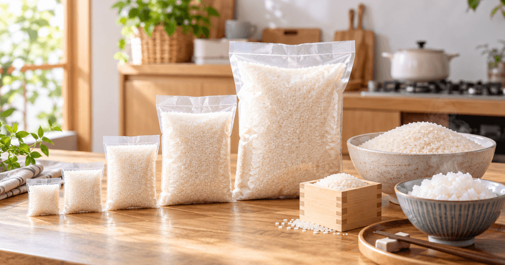 ゆめぴりかの少量サイズ比較をイメージした容量の異なる米袋と白ご飯