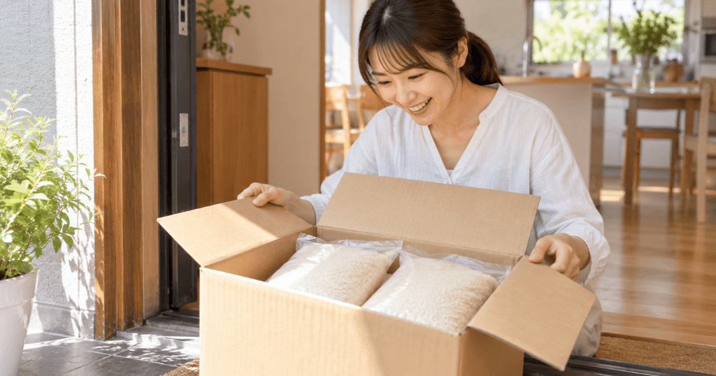 定期便で自宅に届いたお米の段ボール箱を開封して喜ぶ日本人女性