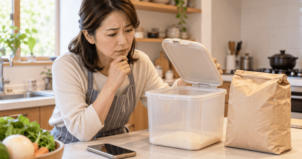 お米が残り少なくなった米びつを確認し、買い忘れに困る日本人女性