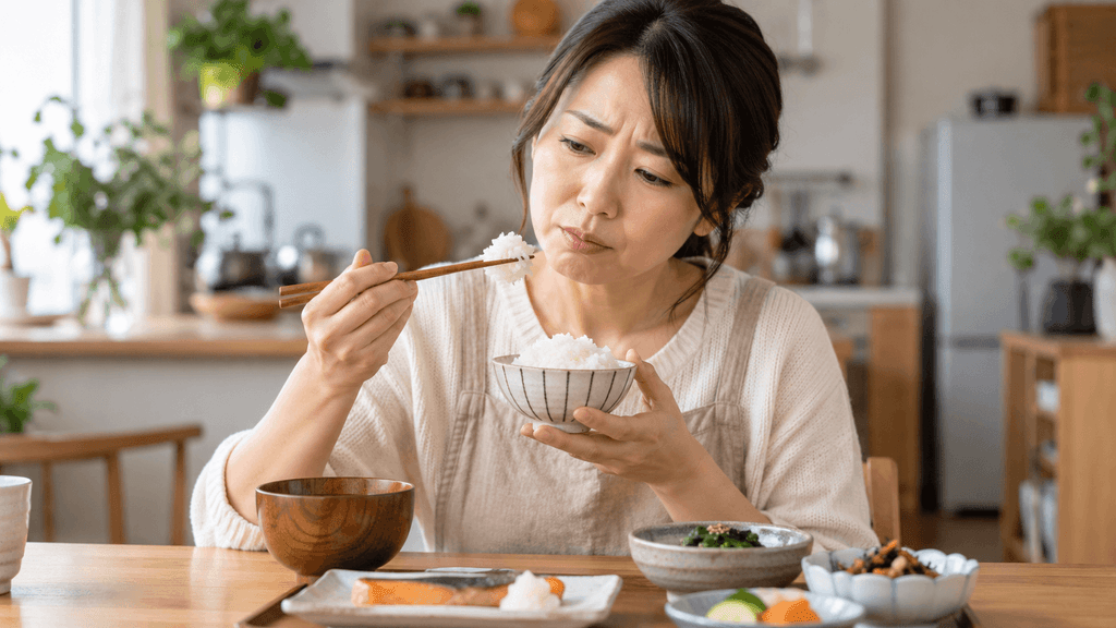 ゆめぴりかの味を確かめながら白ご飯を食べる女性