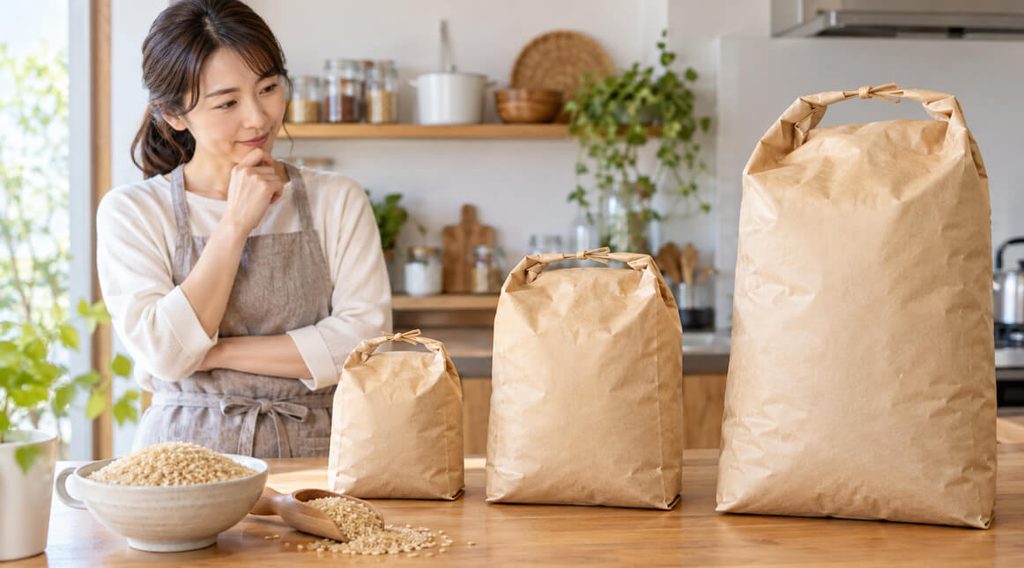 玄米5kg・10kg・30kgの購入量を比較するイメージと大きさの異なる米袋