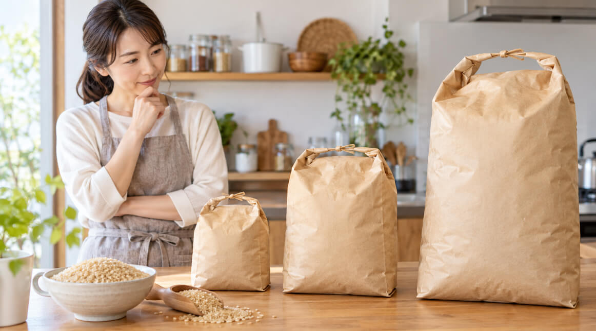 玄米5kg・10kg・30kgの購入量を比較するイメージと大きさの異なる米袋