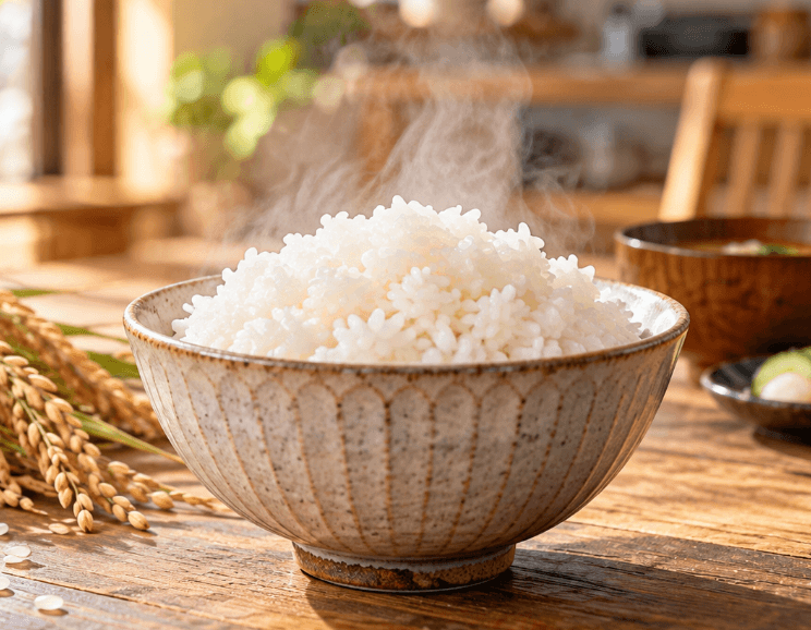 木製テーブルに置かれた湯気の立つ炊きたての白ご飯と黄金色の稲穂