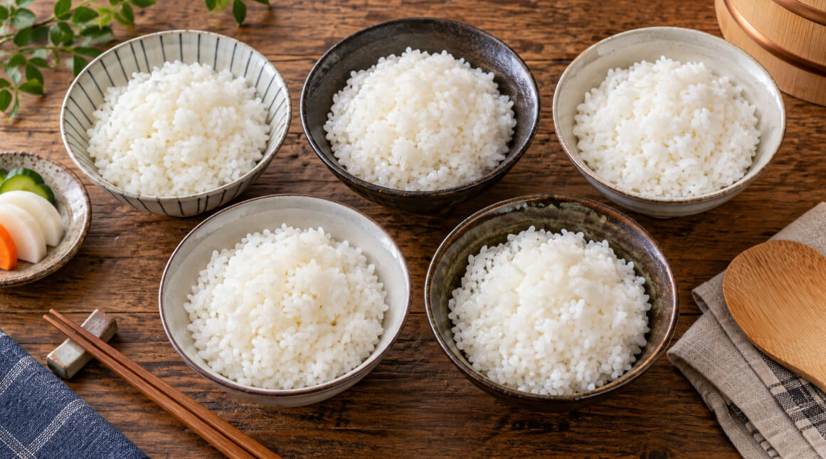 木製テーブルに並べた5つの茶碗の白ご飯を比較するイメージ