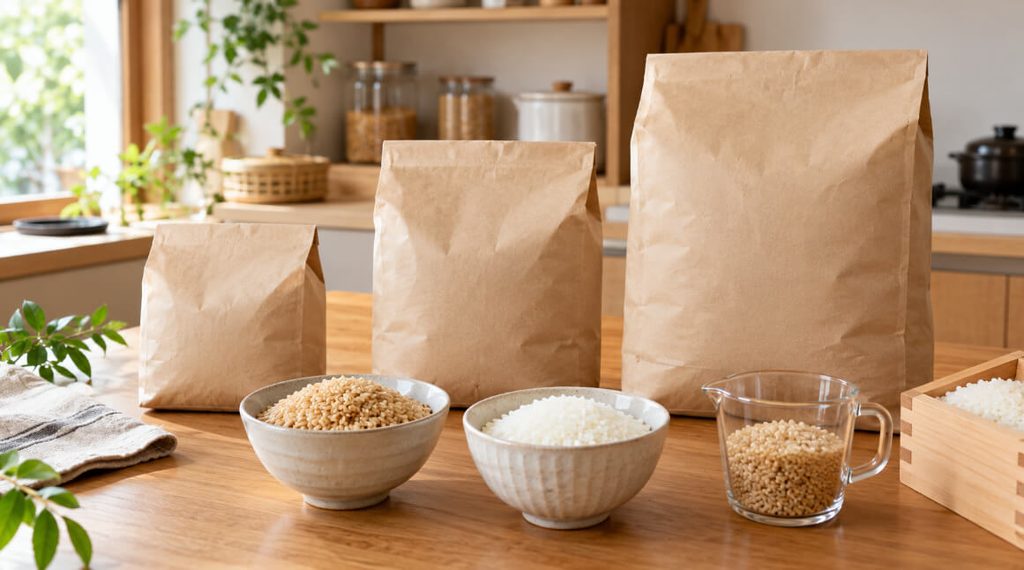 玄米5kg・10kg・30kgの容量をイメージした大きさの異なる米袋