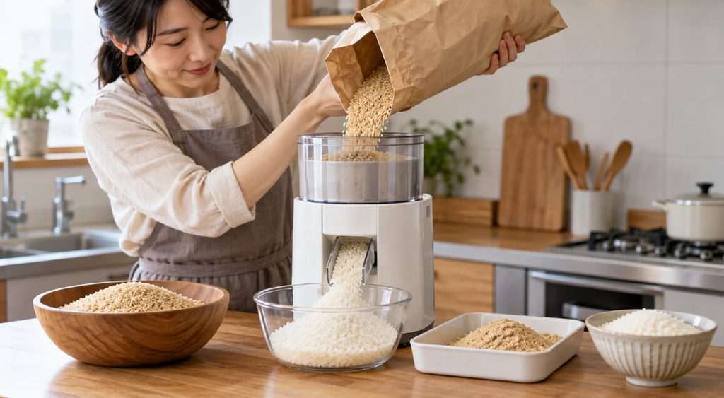 家庭用精米機で玄米を白米に精米する日本人女性と米ぬか