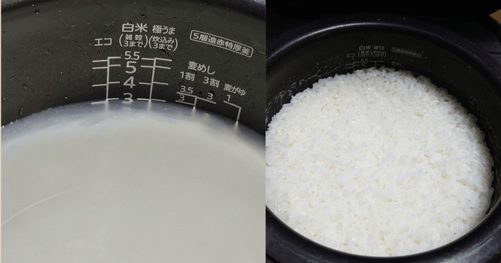 銀河のしずくの洗米後の白く濁った水と炊き上がったご飯
