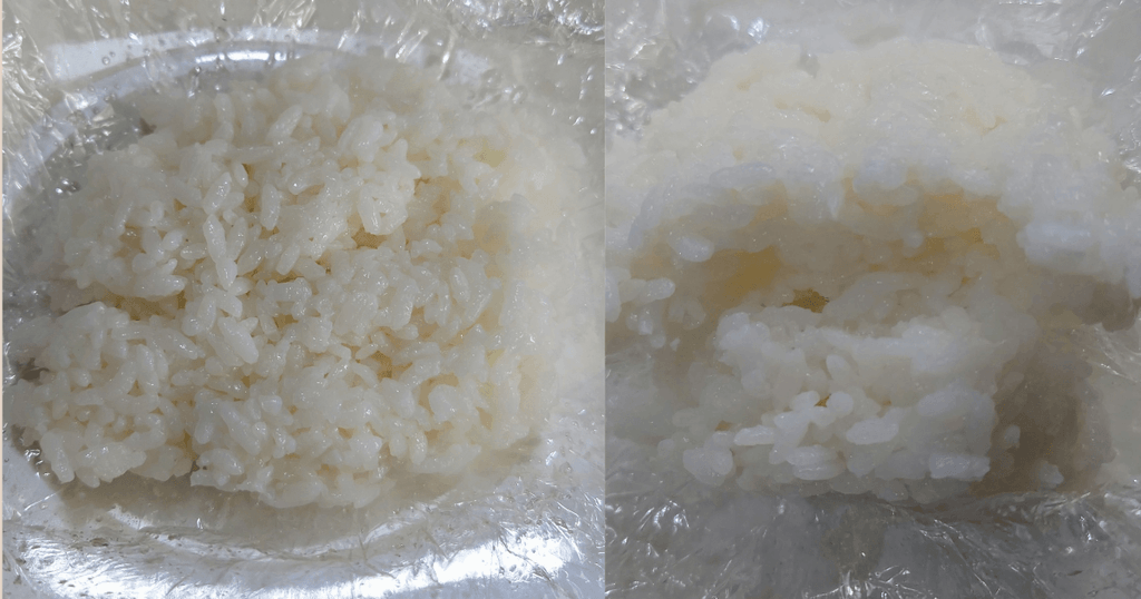 ラップの上に置いた冷蔵後の銀河のしずくと白ご飯の米粒のアップ