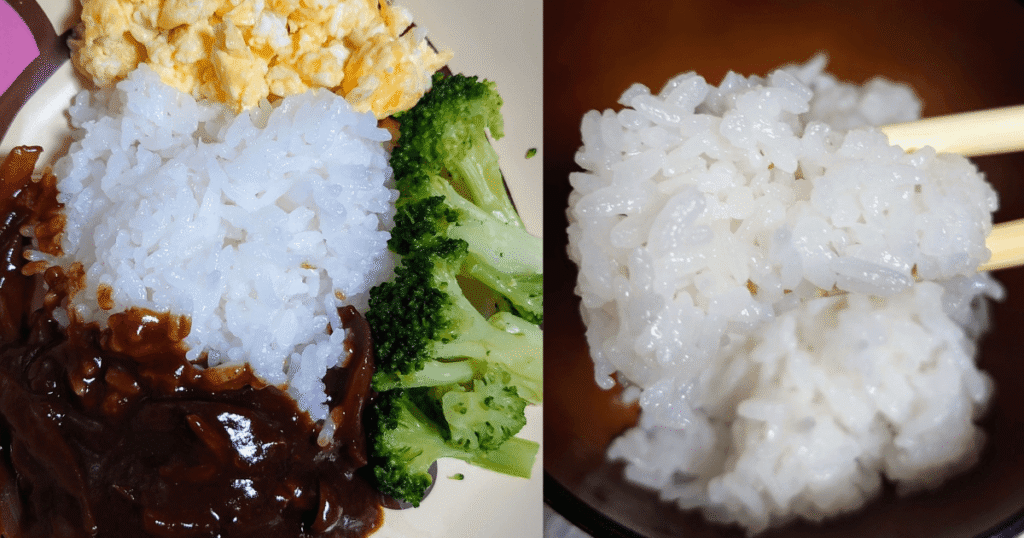 ハヤシライスの横に盛った銀河のしずくの白米と、箸で持ち上げた白ご飯のアップ