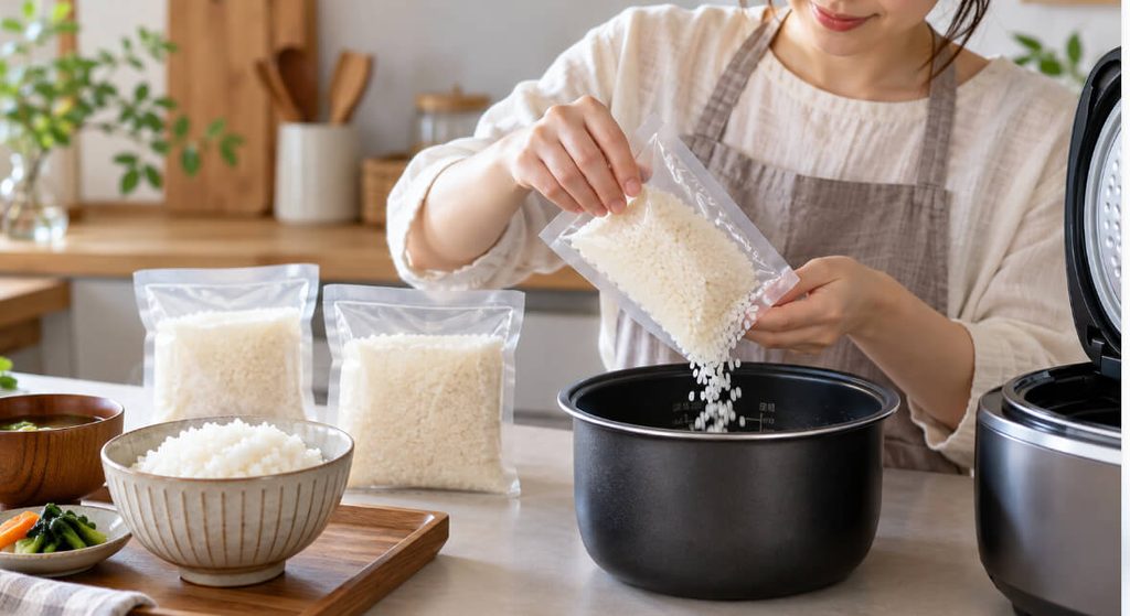 小分けパックのお米を炊飯器の内釜に入れる日本人女性と未開封の米袋