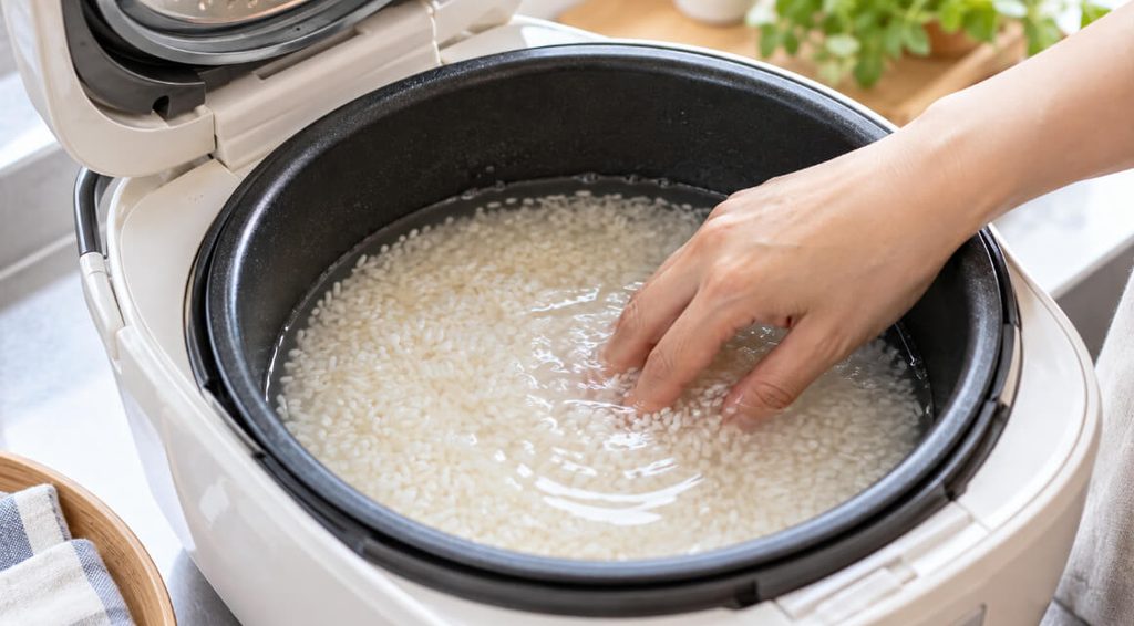 無洗米を炊く前に炊飯器の内釜でお米と水を軽くかき混ぜる様子