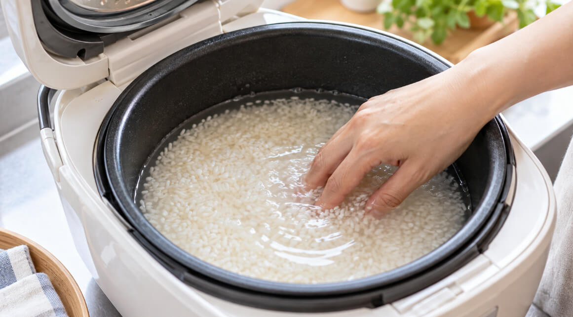 無洗米を炊く前に炊飯器の内釜でお米と水を軽くかき混ぜる様子