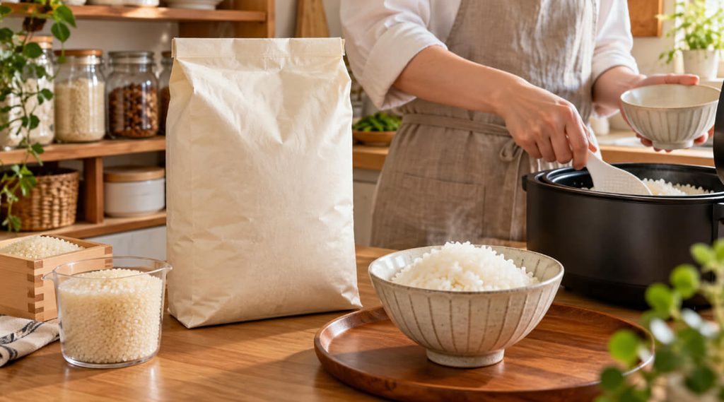 キッチンに置かれた米袋と計量カップの白米、炊飯器からよそった炊きたてご飯