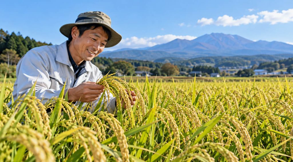 銀河のしずくの品種改良や栽培をイメージした稲穂を確認する生産者と田園風景