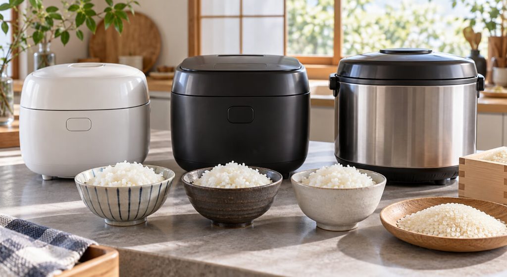 白・黒・シルバーの3種類の炊飯器と、手前に並べた白ご飯の茶碗