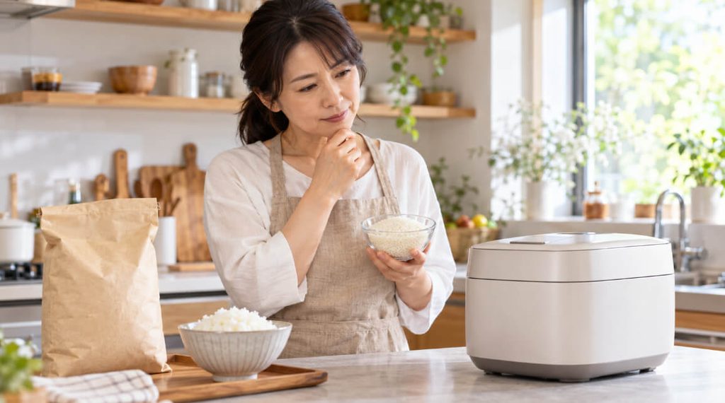 銀河のしずくの炊き方を考えながら、白い炊飯器とお米を見比べる日本人女性