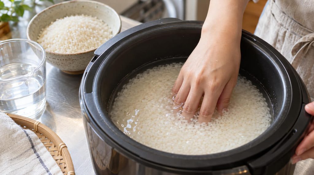 炊飯器の内釜で水に浸した白米に手を入れ、炊飯の準備をしている様子