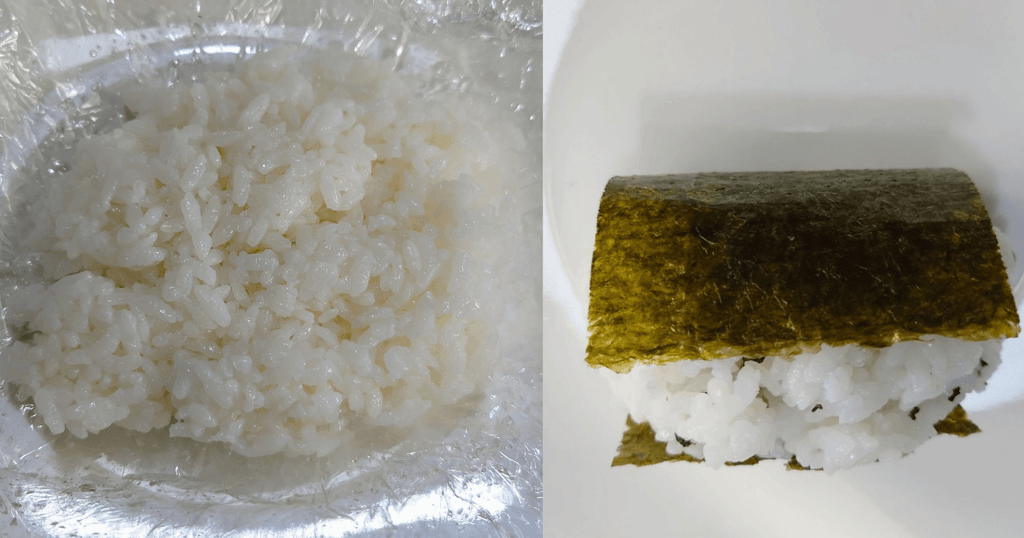 ラップの上に置いた銀河のしずくの白ご飯と海苔で挟んだご飯