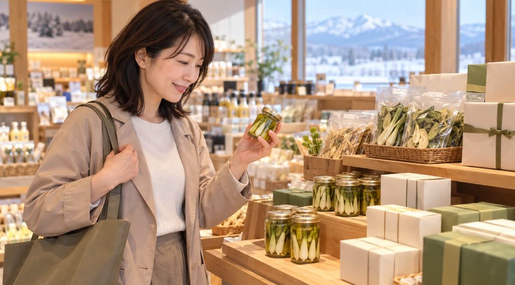 北海道のお土産売り場をイメージした店内で、行者にんにくの瓶詰めを選ぶ日本人女性