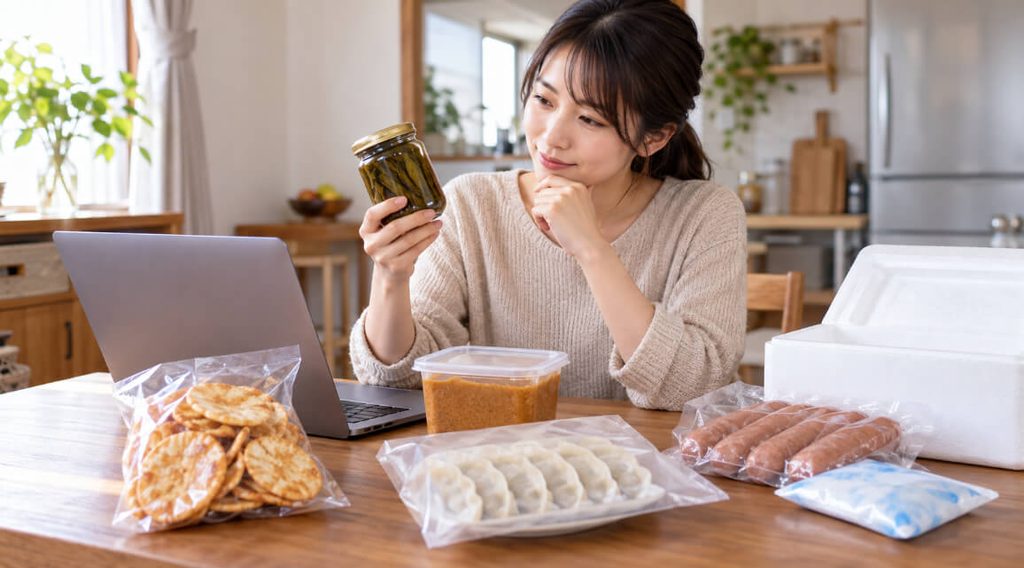 行者にんにくの瓶詰めを確認する日本人女性と、通販で比較するおかき・餃子・ウインナーなどの加工品