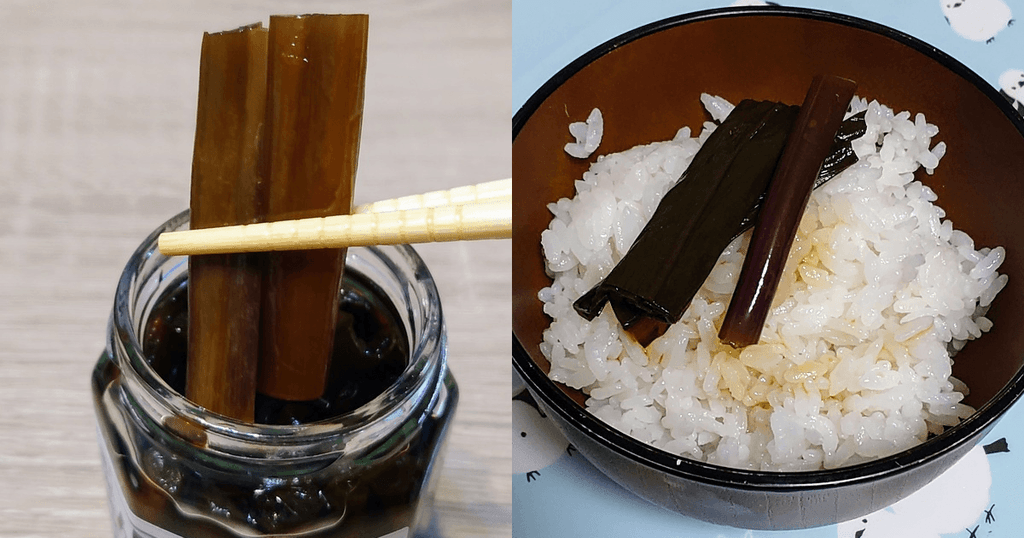 箸で持ち上げた行者にんにく醤油漬けと白ご飯にのせた様子