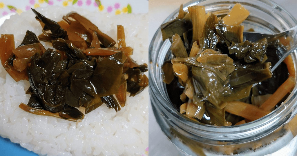 ご飯にのせた行者にんにく醤油漬けと瓶の中身