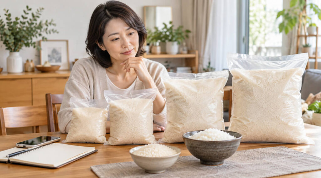 ふるさと納税で選ぶお米の容量を比較する女性と、大きさの異なる米袋