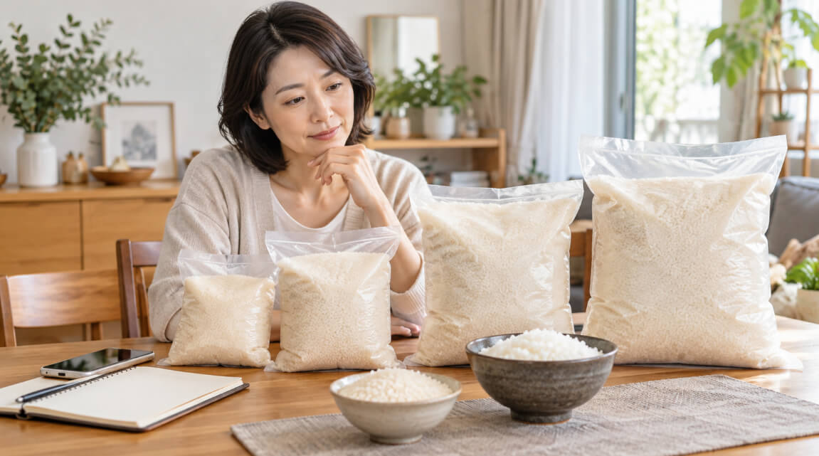 ふるさと納税で選ぶお米の容量を比較する女性と、大きさの異なる米袋
