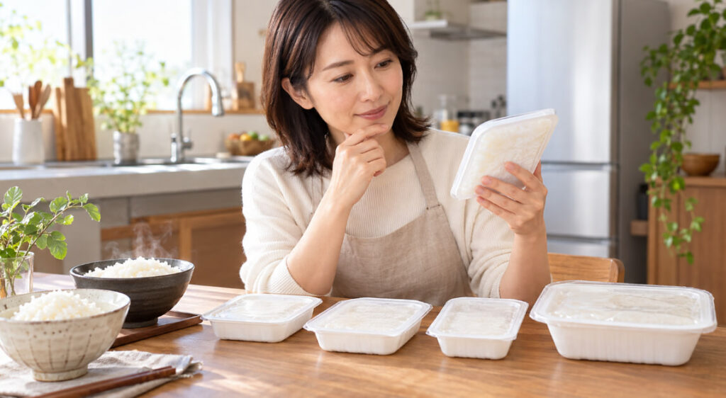 容量の異なるパックご飯を手に取り比較する日本人女性と白ご飯