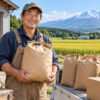 農家直送のお米を持つ日本人農家と田んぼ、発送用の米袋や段ボール箱