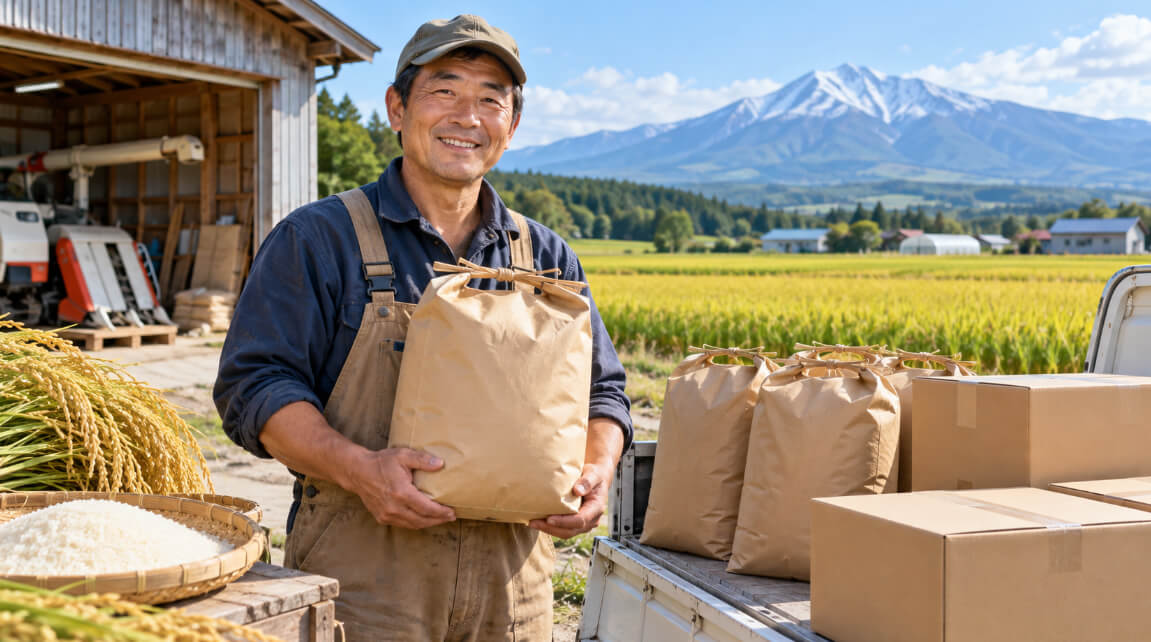 農家直送のお米を持つ日本人農家と田んぼ、発送用の米袋や段ボール箱