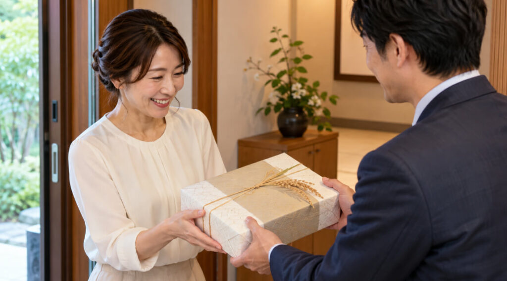 玄関先でお米のギフト箱を手渡す日本人男性と笑顔で受け取る女性