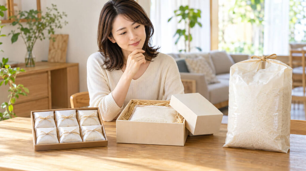 小分けパック・化粧箱入り・大袋のお米ギフトを比較する日本人女性