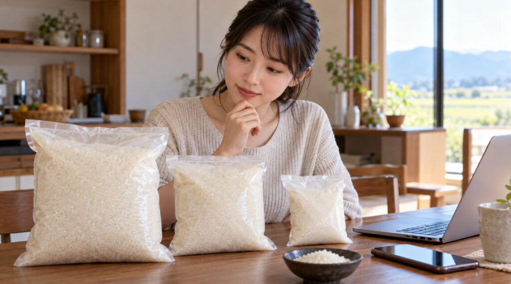 大きさの異なる米袋を並べて購入する容量を比較する日本人女性