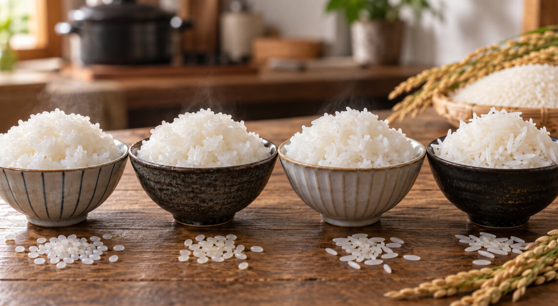 4つの茶碗に盛られた炊きたての白ご飯を並べ、米粒の見た目を比較するイメージ