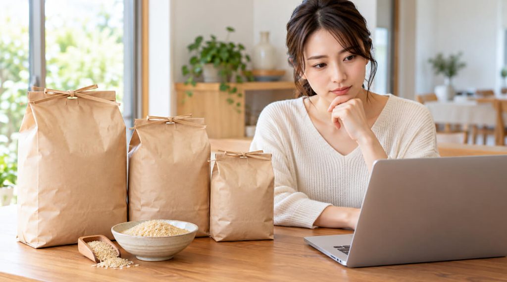玄米の通販購入を検討する女性と大きさの異なる3つの米袋