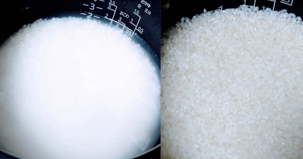 にじのきらめきを洗米したときの白く濁った水と水に濡れた米粒の様子