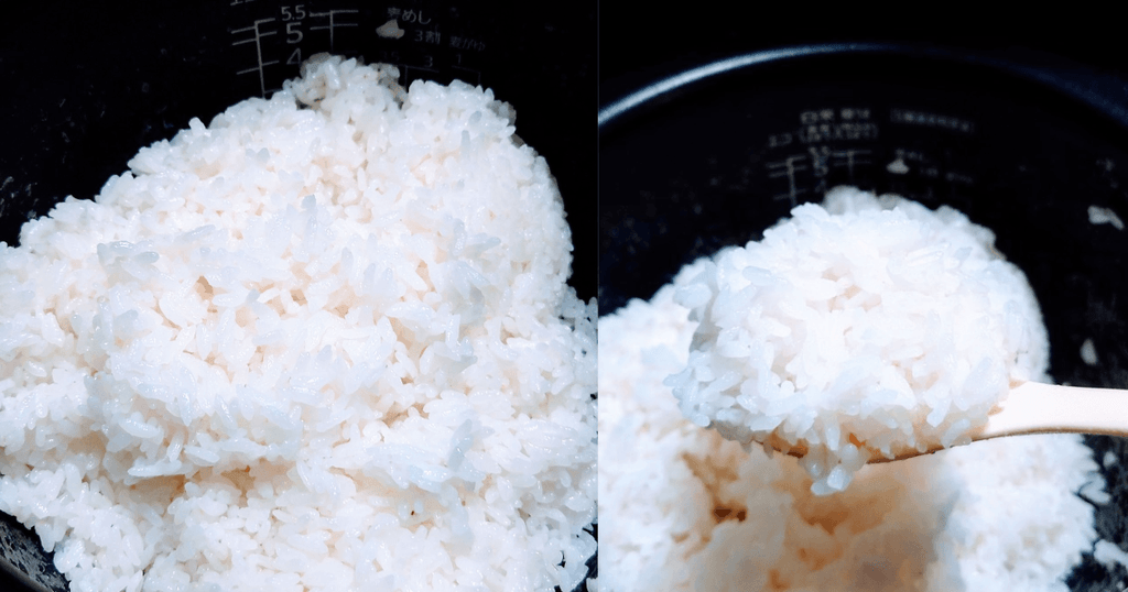 炊飯器の内釜で炊けたにじのきらめきとしゃもじですくったご飯