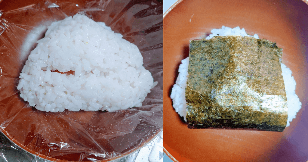 ラップで形を整えた白いおにぎりと海苔を巻いたおにぎり