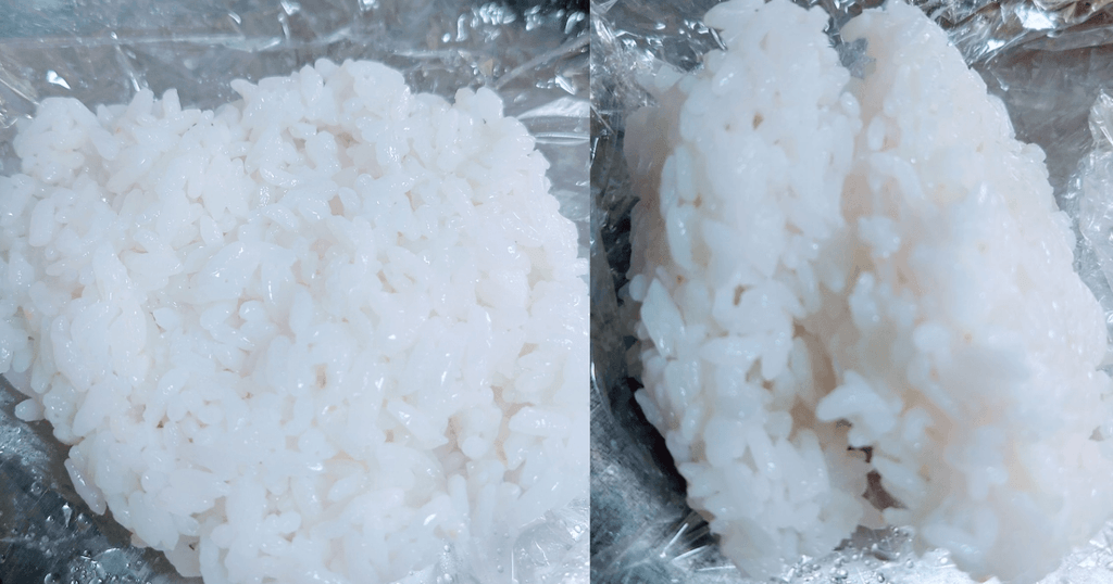 ラップの上に広げた冷蔵後のにじのきらめきとご飯の断面