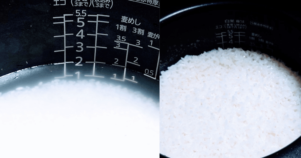 タイガー炊飯器の内釜に入れたにじのきらめきと水位目盛り