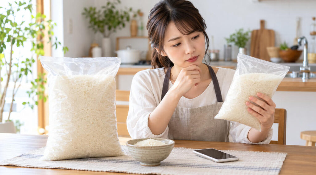 キッチンで大小の米袋を比較して購入を検討する日本人女性
