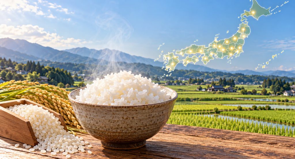 日本の水田風景と炊きたての白ご飯、にじのきらめきの産地をイメージした日本地図