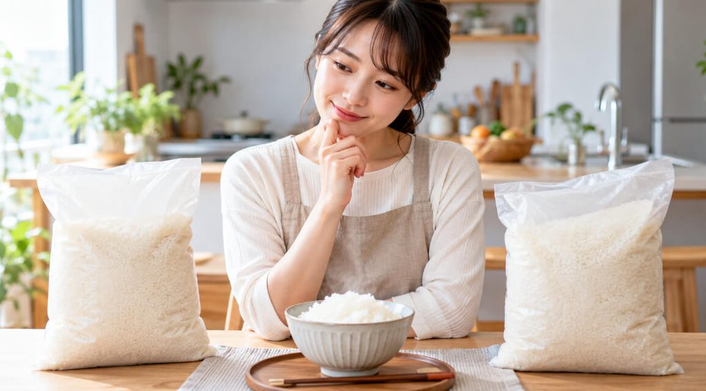 キッチンで2つの米袋とご飯茶碗を前に、お米選びを考える日本人女性