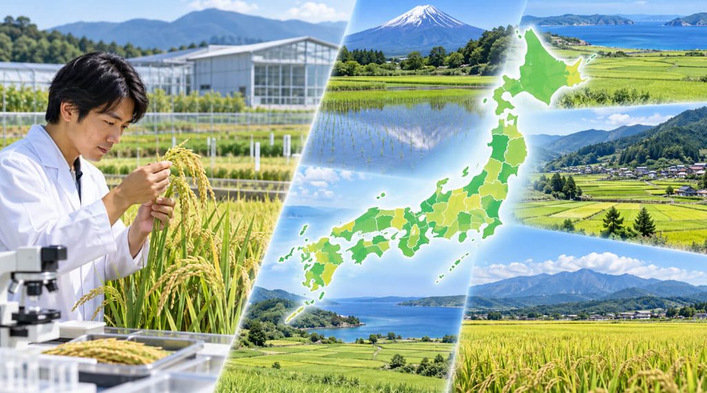 稲穂を調べる研究者と日本各地の水田風景を組み合わせたにじのきらめきの育成イメージ