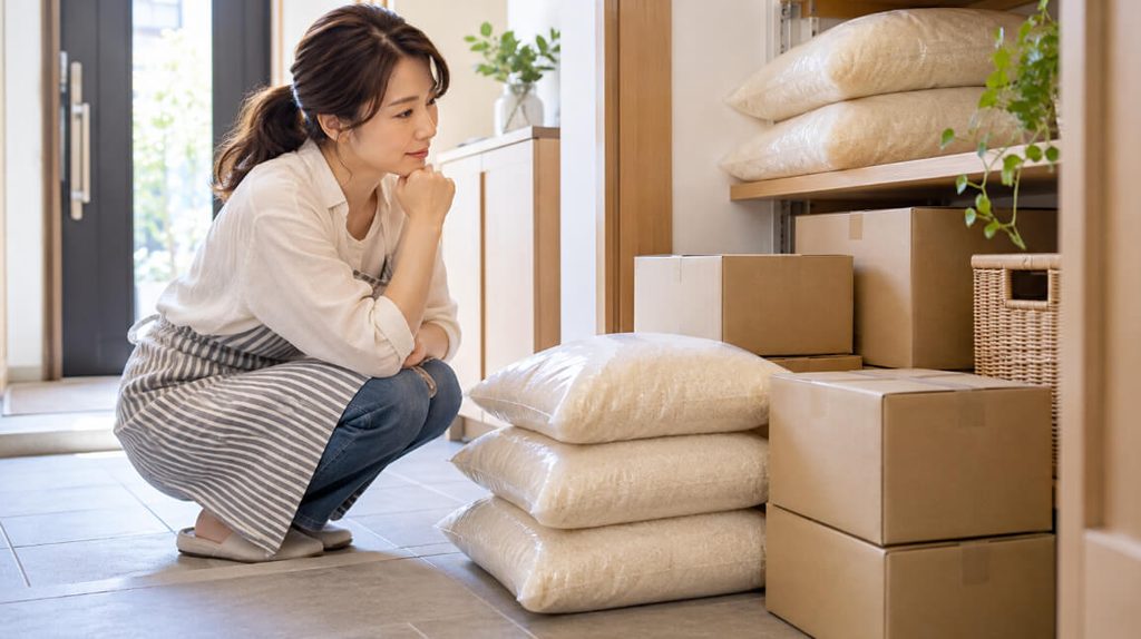 定期便で届くお米の保管場所を考え、米袋と配送箱を確認する女性