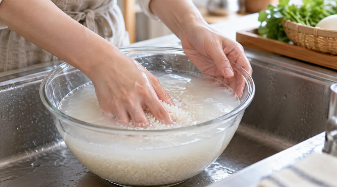 にじのきらめきの炊き方で白く濁った水の中のお米を手でやさしく洗う様子