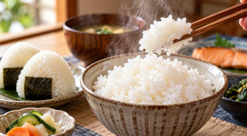 炊きたての白ご飯を箸で持ち上げた様子と海苔を巻いたおにぎり