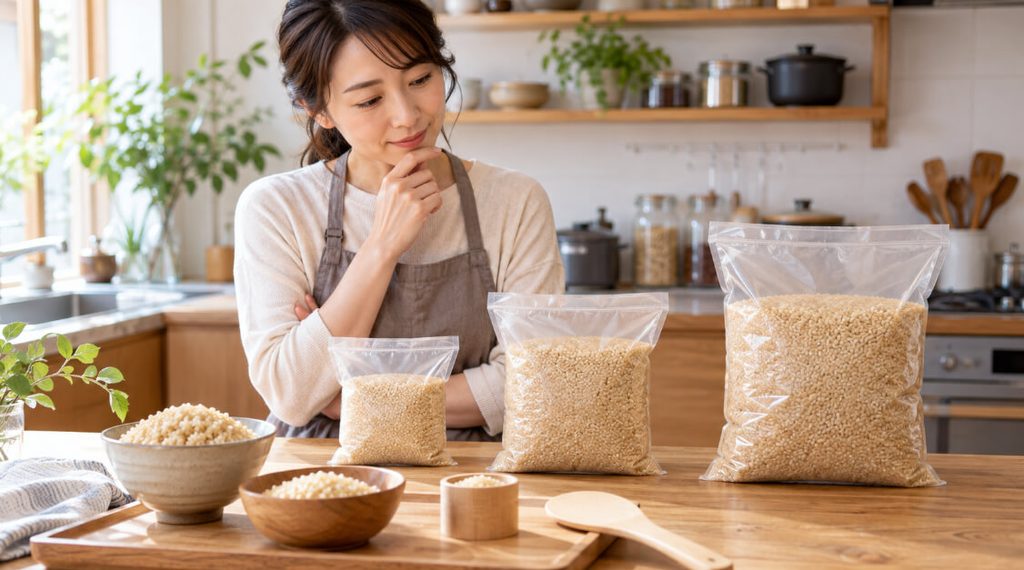 おぼろづき玄米の購入量を検討する女性と大きさの異なる3袋の玄米