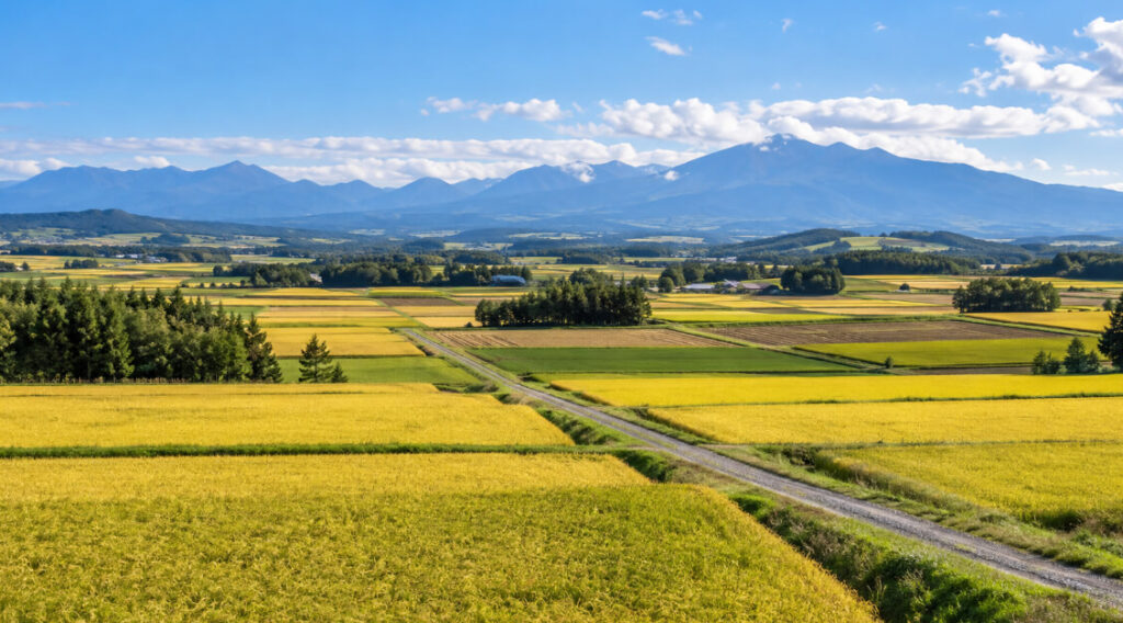 北海道のおぼろづき栽培地域をイメージした黄金色の田んぼと山並み